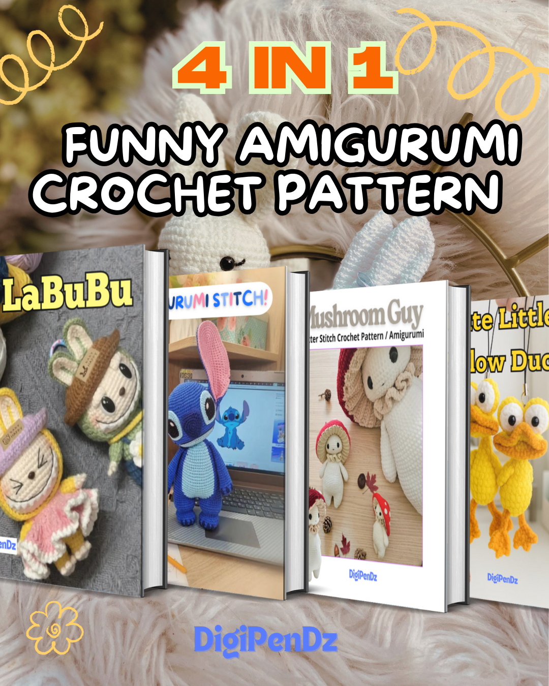 4 in 1 Funny Animal Crochet Keychain,  Amigurumi ,Stitch,Labubu,Mushroom guy,Duck.  Digital Download