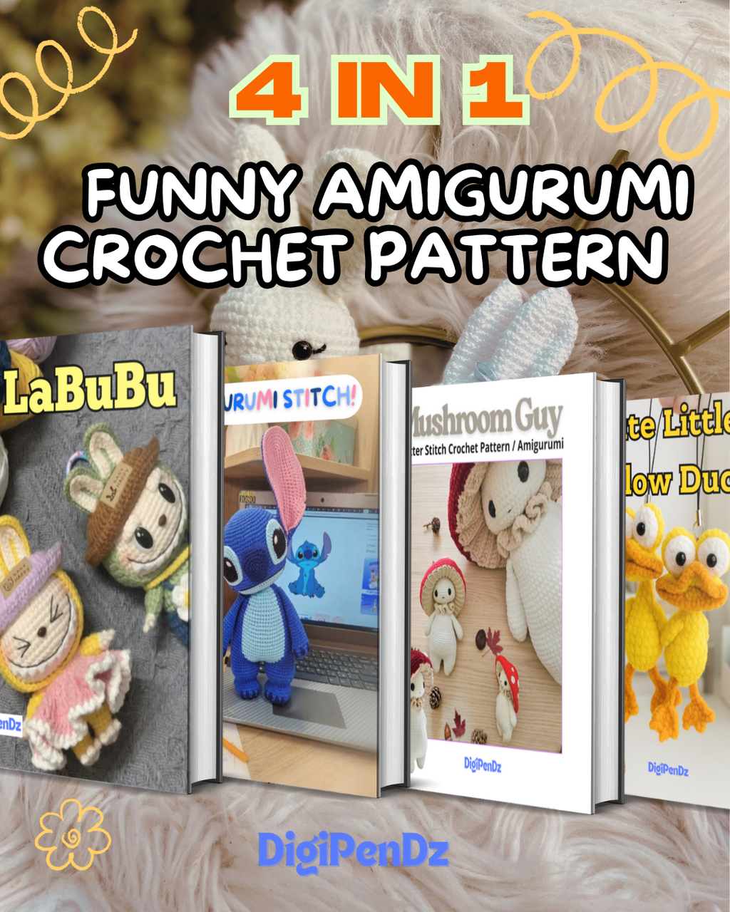 4 in 1 Funny Animal Crochet Keychain PDF Pattern,  Amigurumi ,Stitch,Labubu,Mushroom guy,Duck.  Hen Tutorial Cute Beginner-Friendly Instant Download- Digipendz